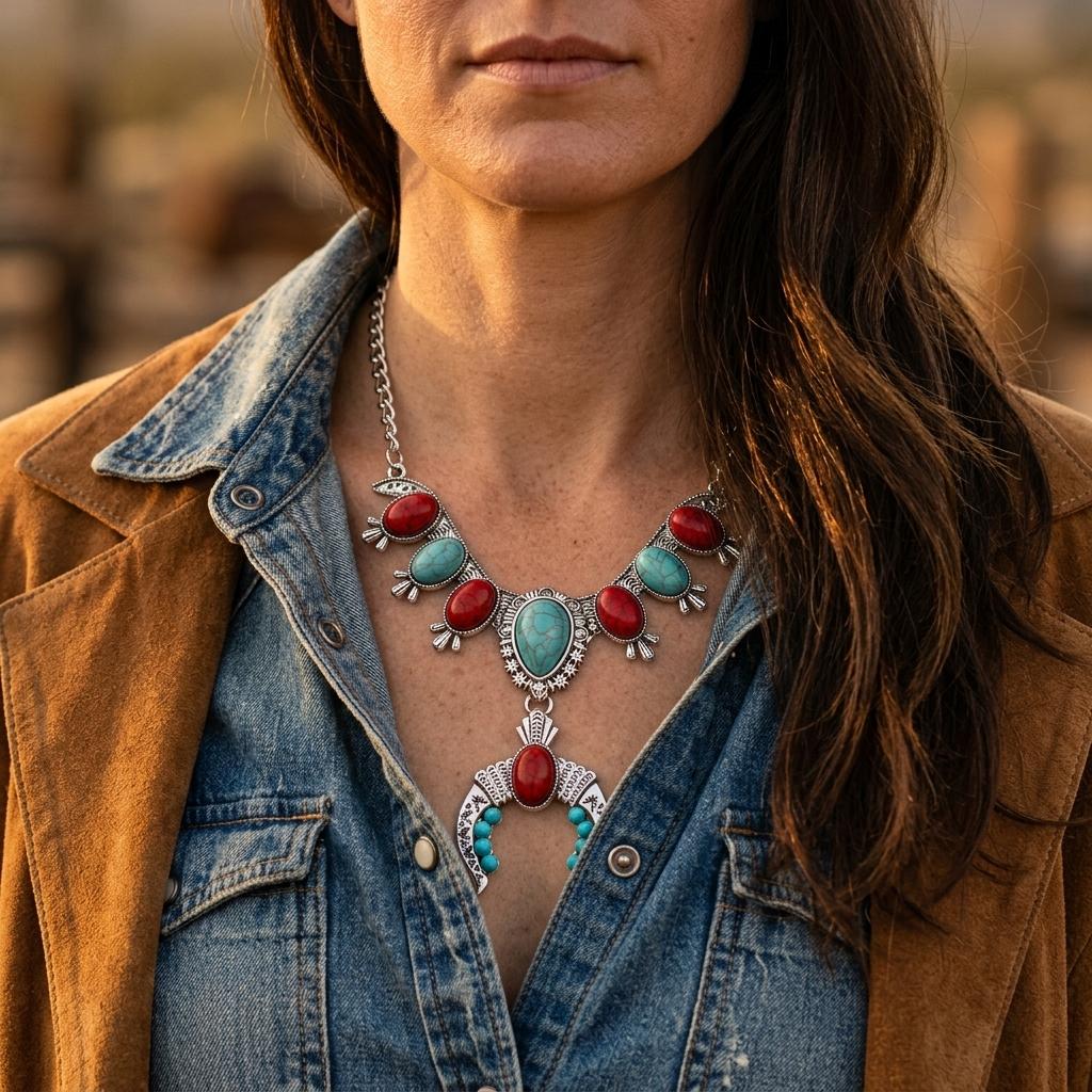 Boho Silver Turquoise Red Squash Necklace