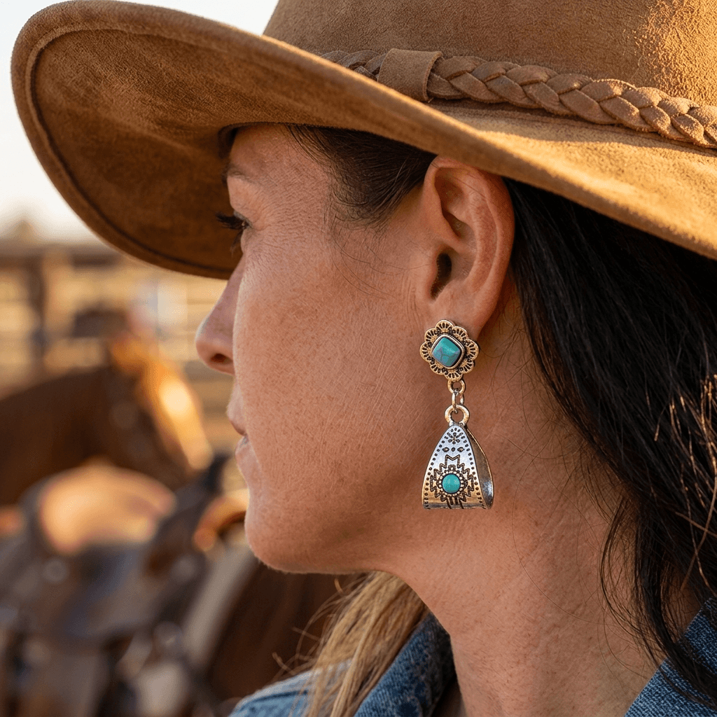 Vintage Bohemian Turquoise Carved Alloy Earrings