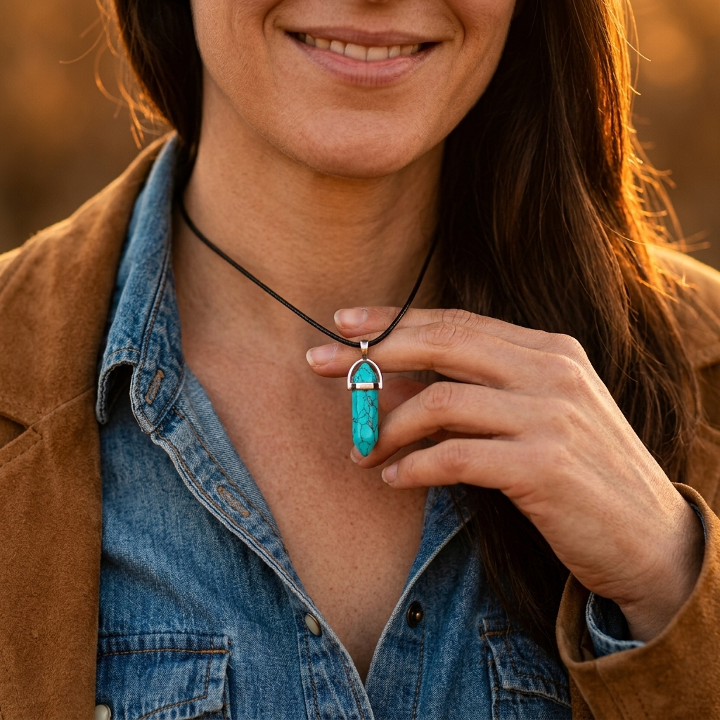 Turquoise Stone Polished Crystal Pendant Necklace