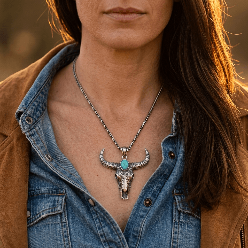 Western Bull Skull Turquoise Double Layer Necklace