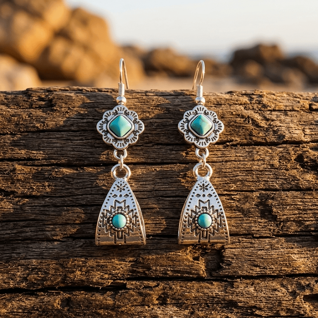 Vintage Bohemian Turquoise Carved Alloy Earrings