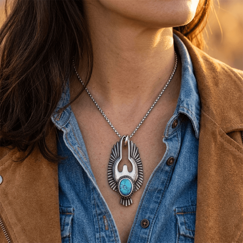 Silver Turquoise Eagle Wing Pendant Necklace