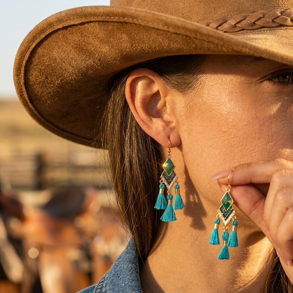Bohemian Gold Green Tassel Diamond Earrings