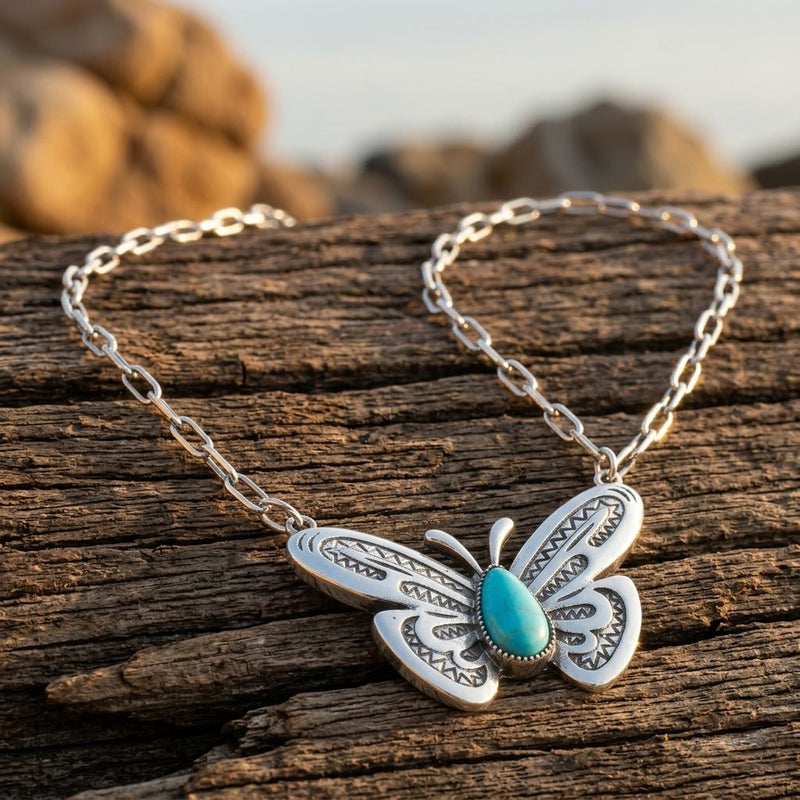 Boho Silver Turquoise Butterfly Necklace