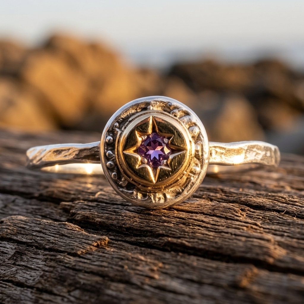 Vintage Gold Hammered Amethyst Star Ring