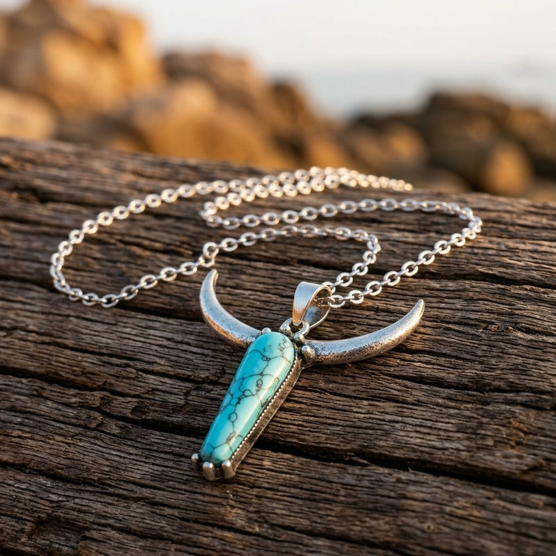 Boho Silver Turquoise Bull Horn Necklace