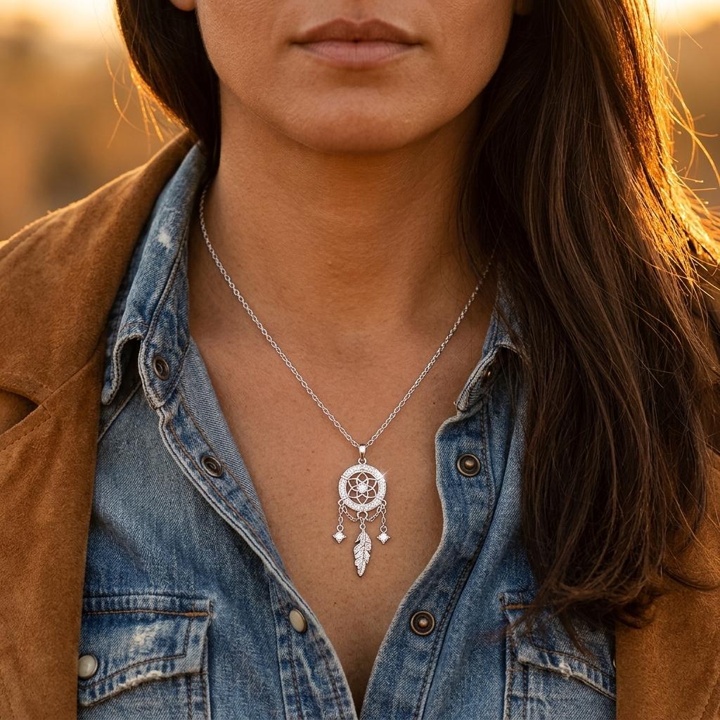 Boho Silver Filigree Dreamcatcher Necklace