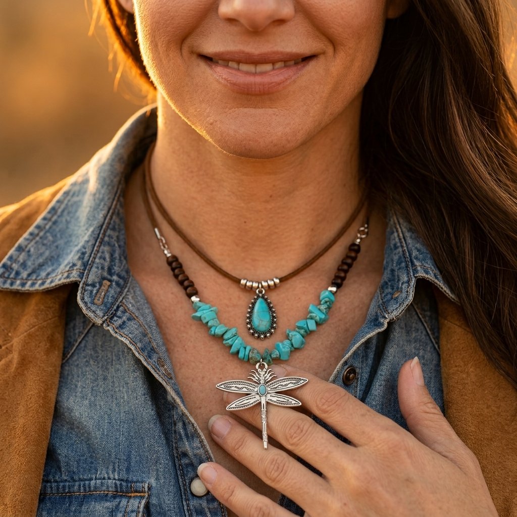 Boho Leather Turquoise Dragonfly Necklace