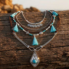 Boho Silver Turquoise Tassel Layered Necklace