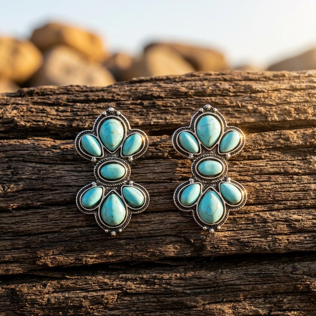 Southwestern Silver Turquoise Oval Earrings