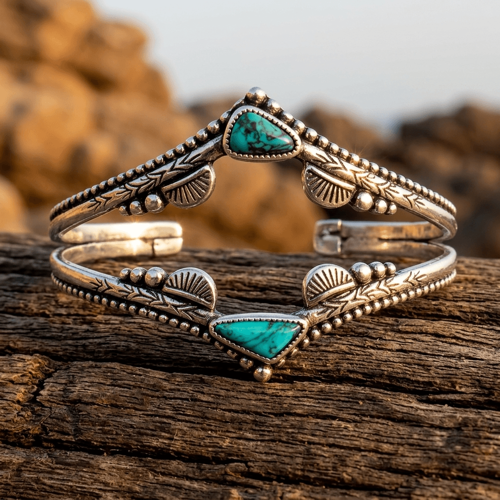 Turquoise Stone Western Silver Cuff Bracelet