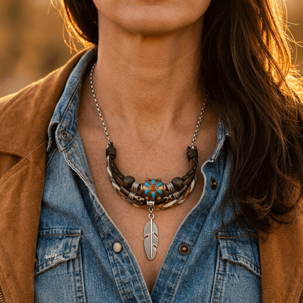 Vintage Leather Beaded Feather Pendant Bracelet