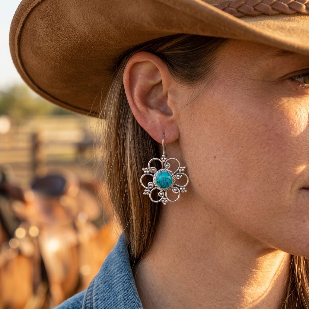 Boho Silver Turquoise Filigree Drop Earrings