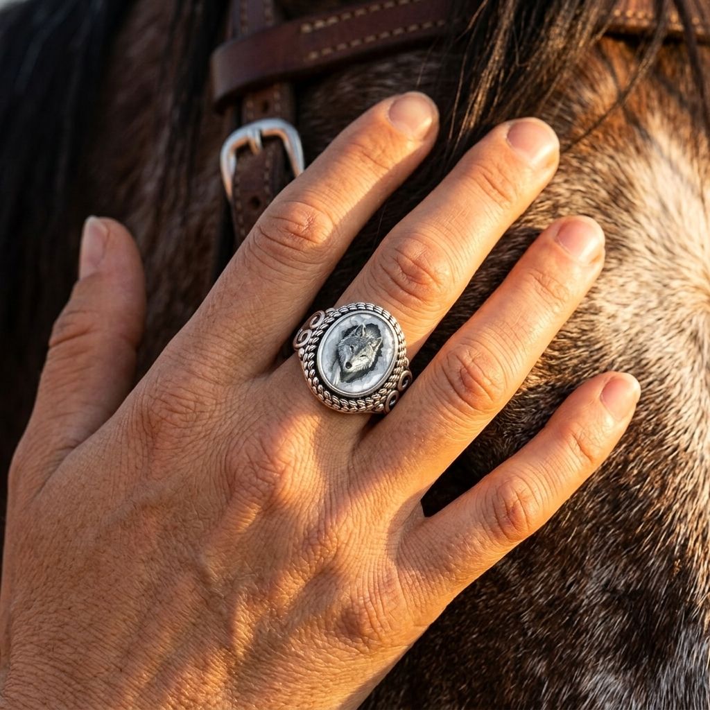 Vintage Silver Wolf Carved Texture Ring