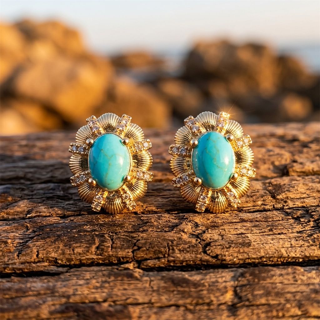 Vintage Gold Turquoise Oval Earrings