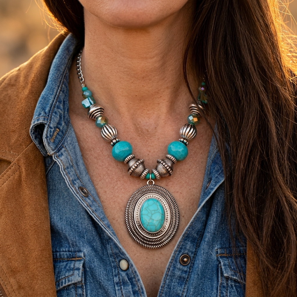 Bohemian Turquoise Oval Pendant Silver Necklace