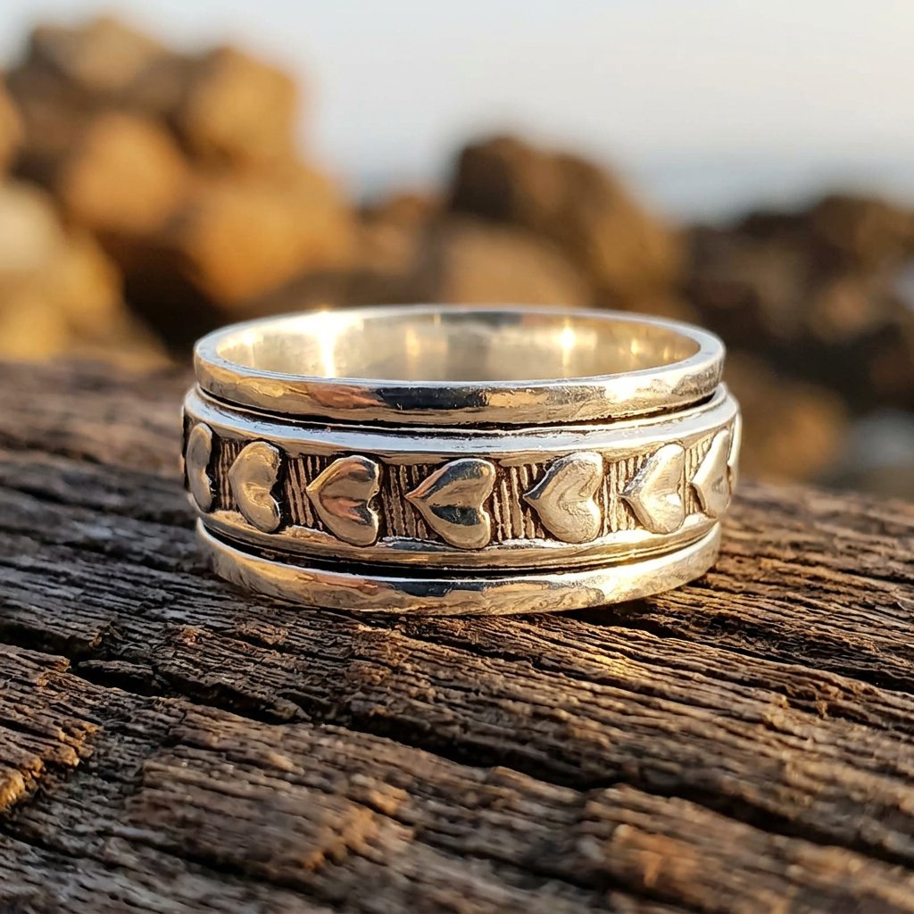 Boho Silver Heart Band Spinner Ring