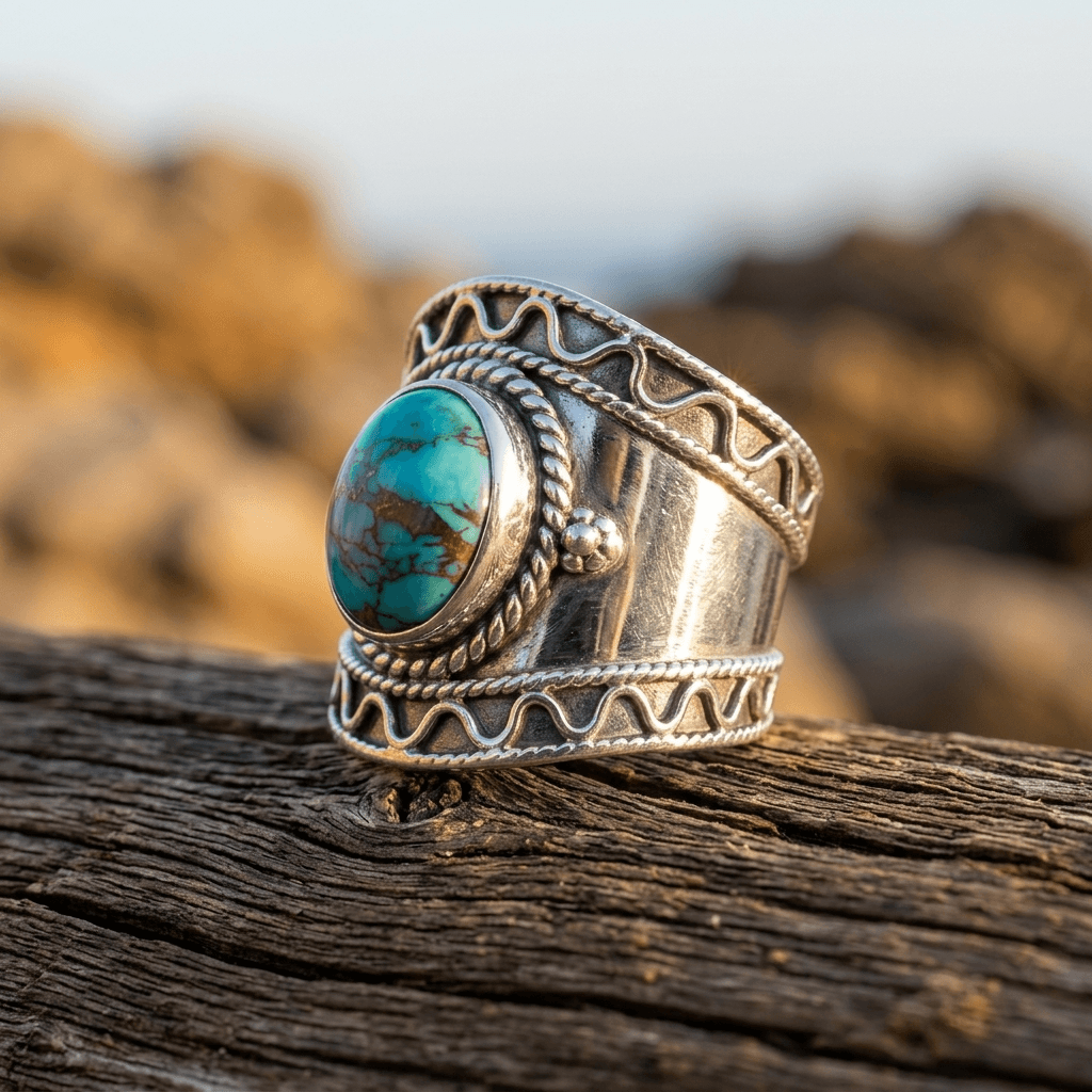 Bohemian Copper Turquoise Heart Western Ring