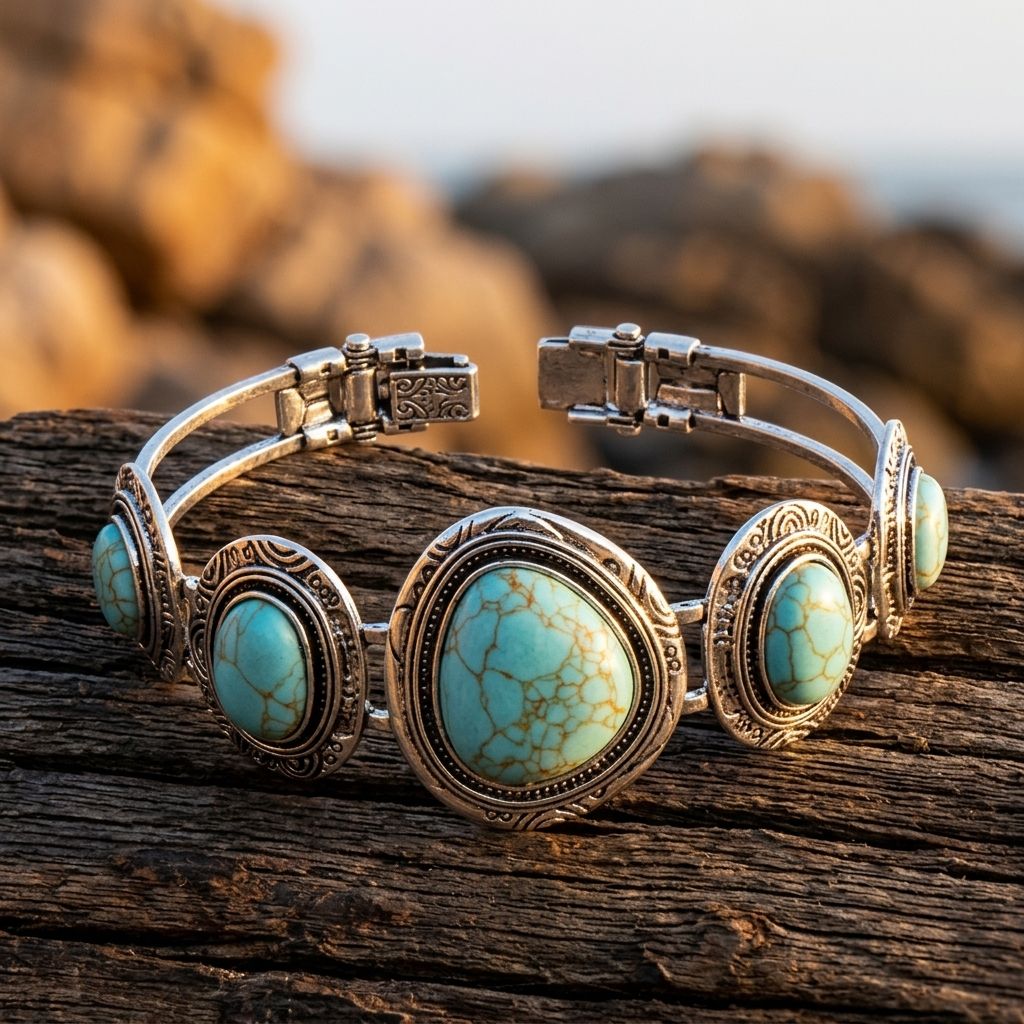 Boho Bronze Filigree Turquoise Oval Bracelet