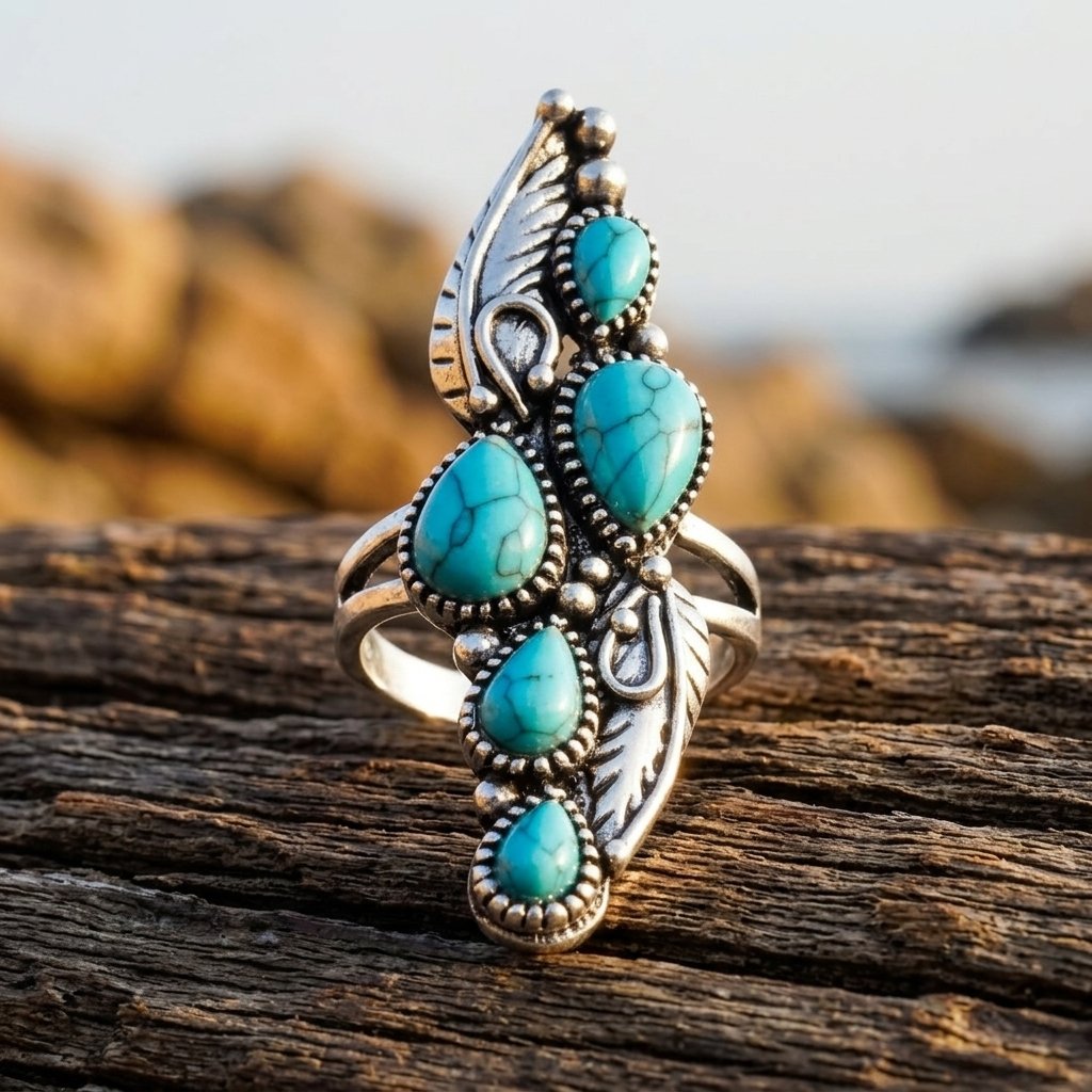 Boho Silver Turquoise Teardrop Wing Ring