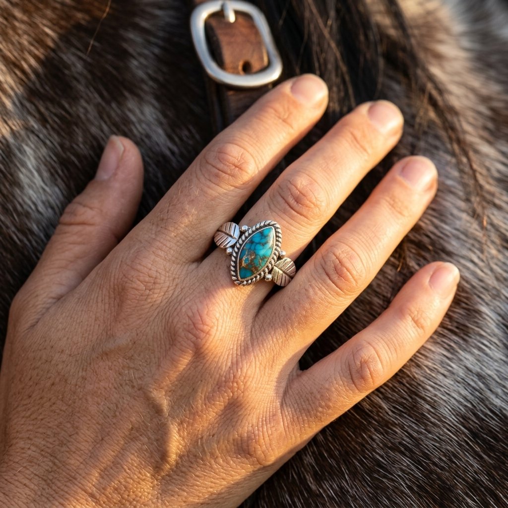 Boho Silver Turquoise Leaf Ring