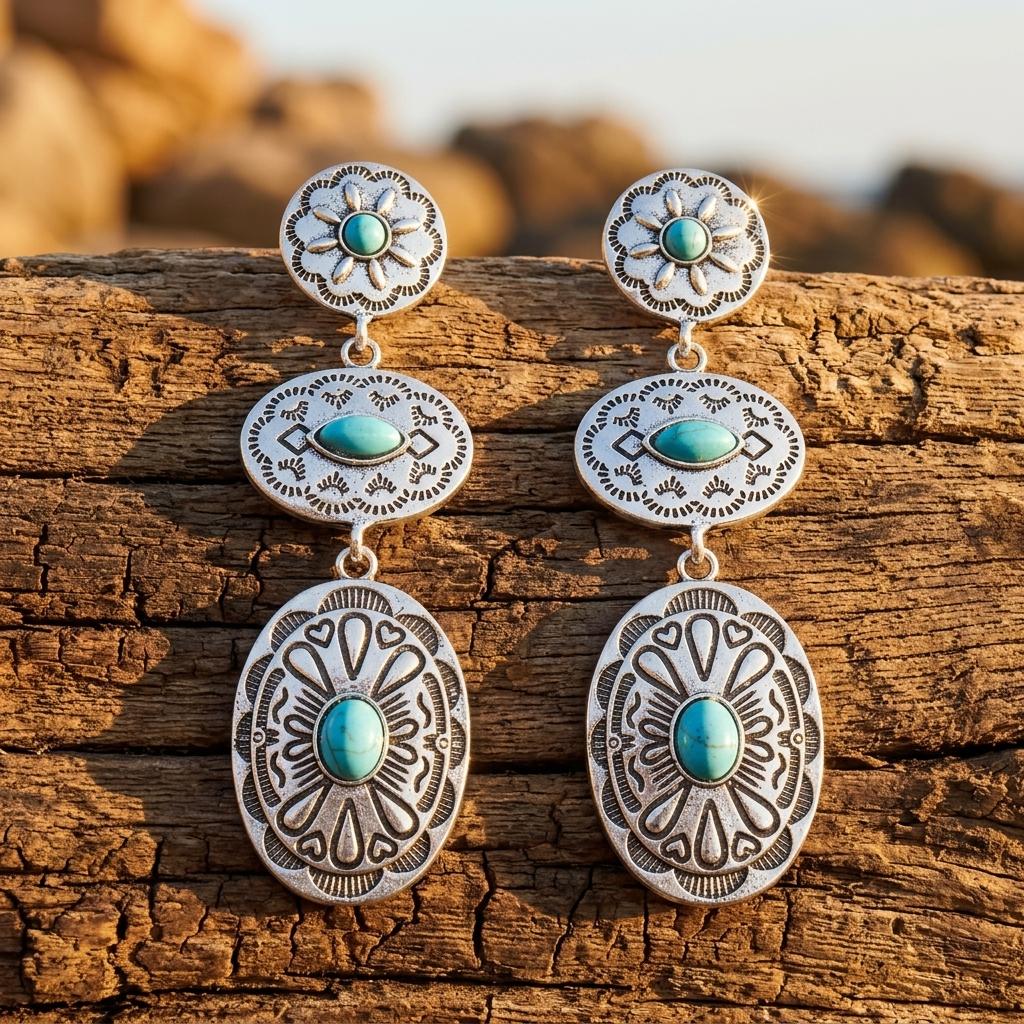 Retro Western Copper Turquoise Cactus Earrings