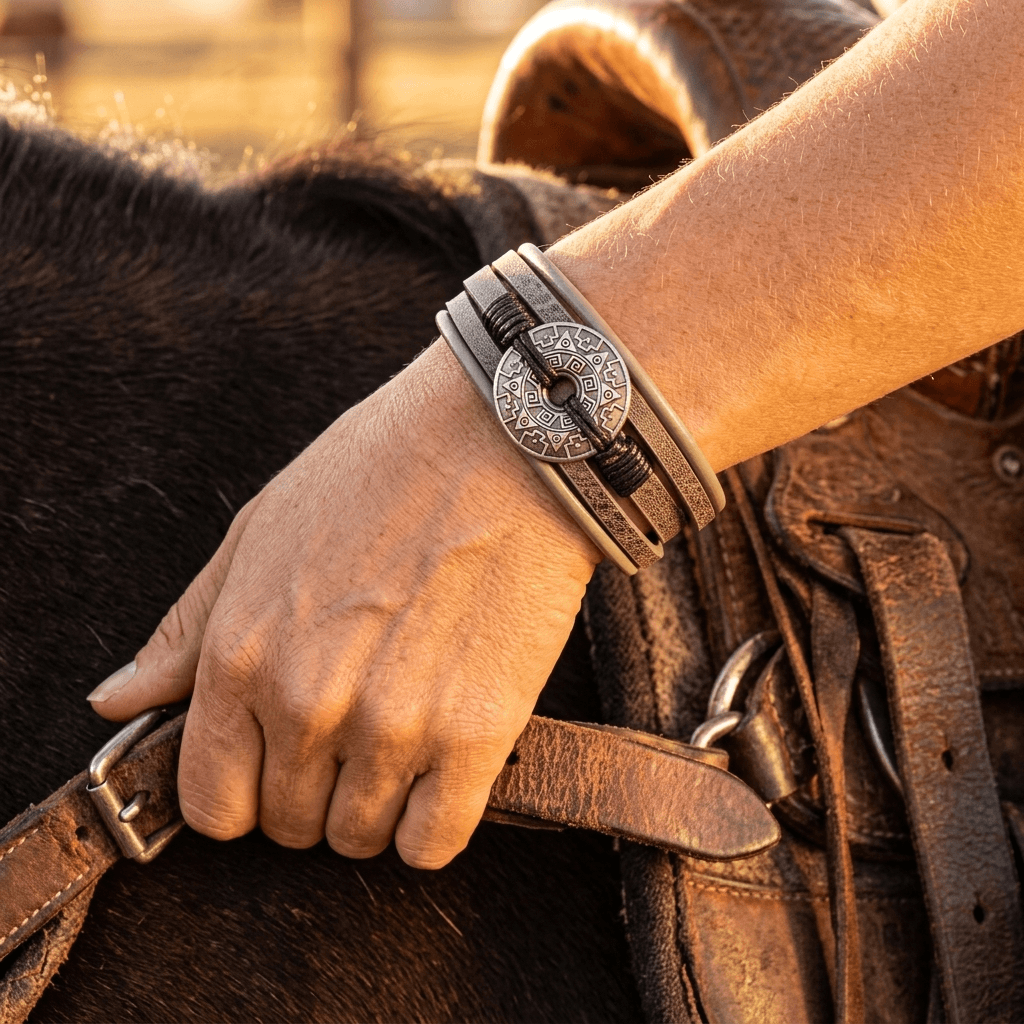 Ethnic Style Tan Leather Medallion Bracelet