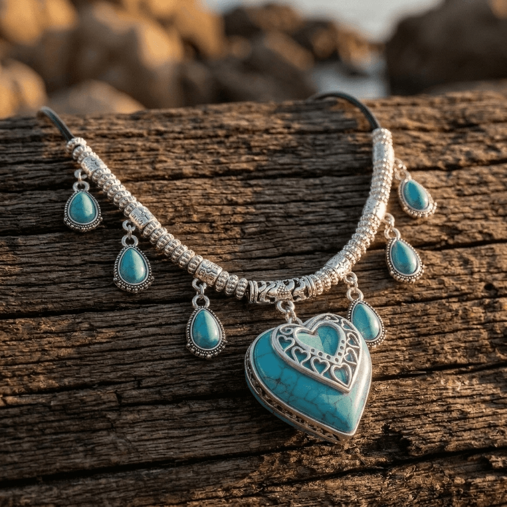 Western Silver Turquoise Carved Heart Necklace