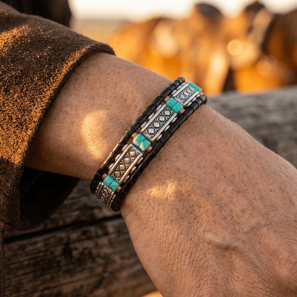 Vintage Green Turquoise Beaded Leather Bracelet