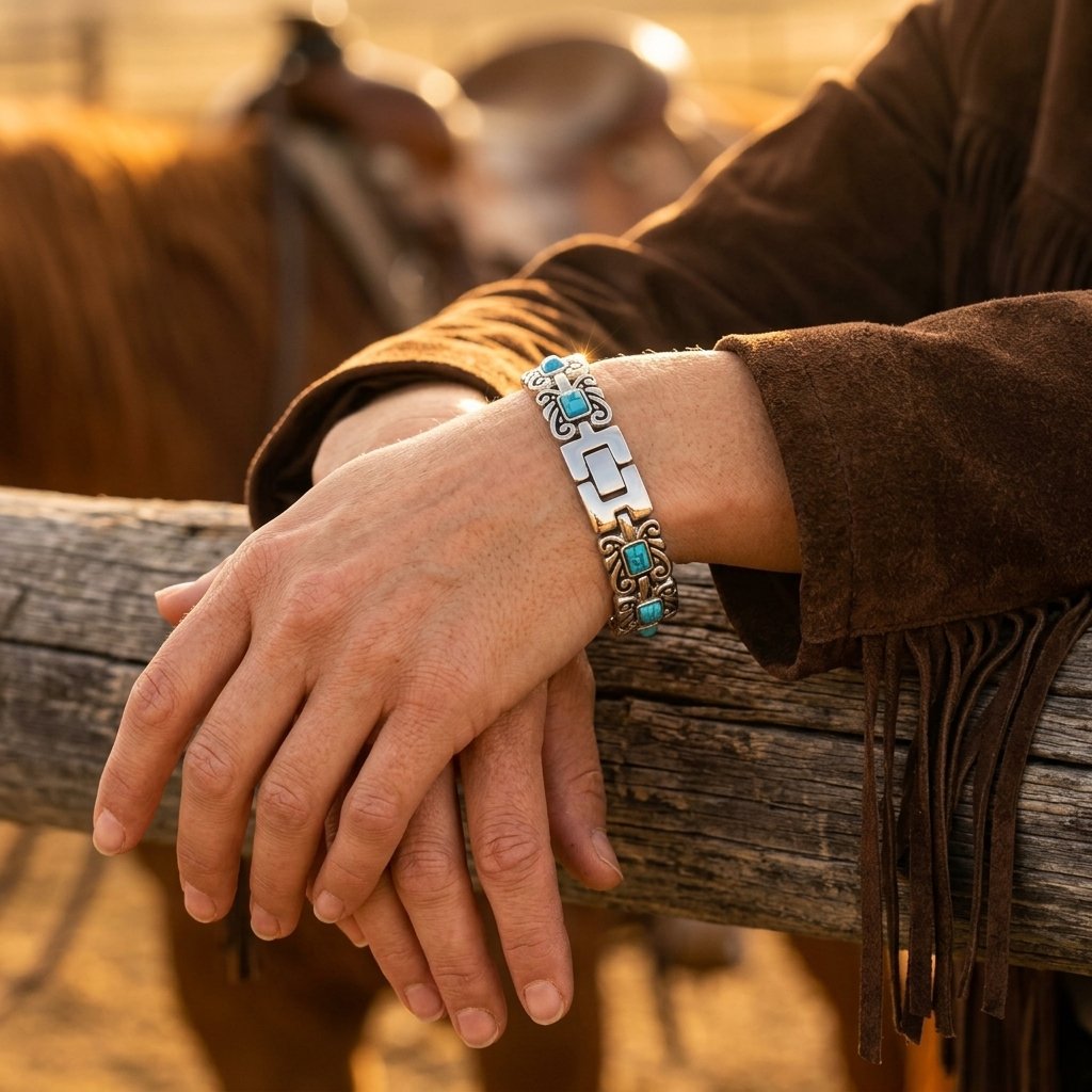 Boho Silver Turquoise Filigree Link Bracelet