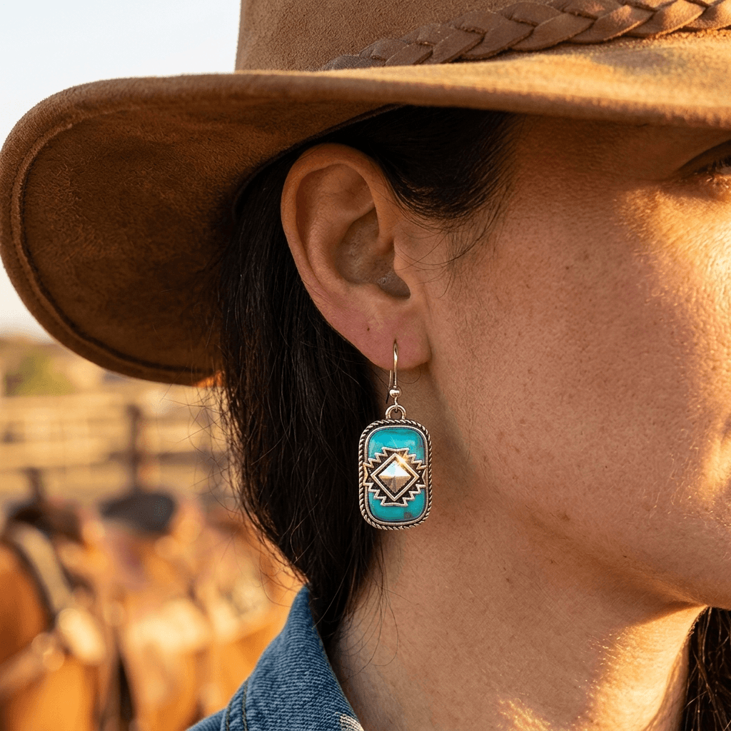 Ethnic Silver Turquoise Square Dangle Earrings