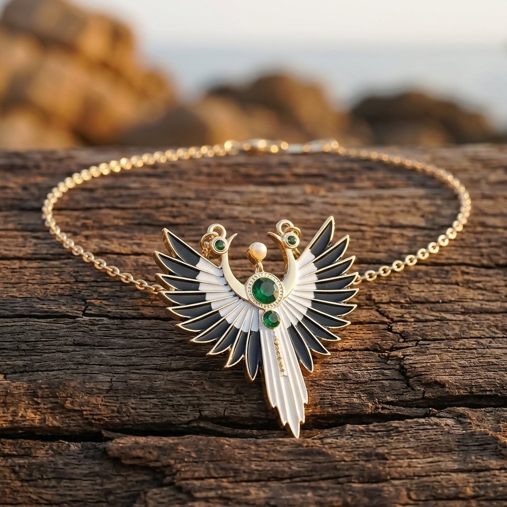 Gothic Gold Emerald Layered Wing Necklace