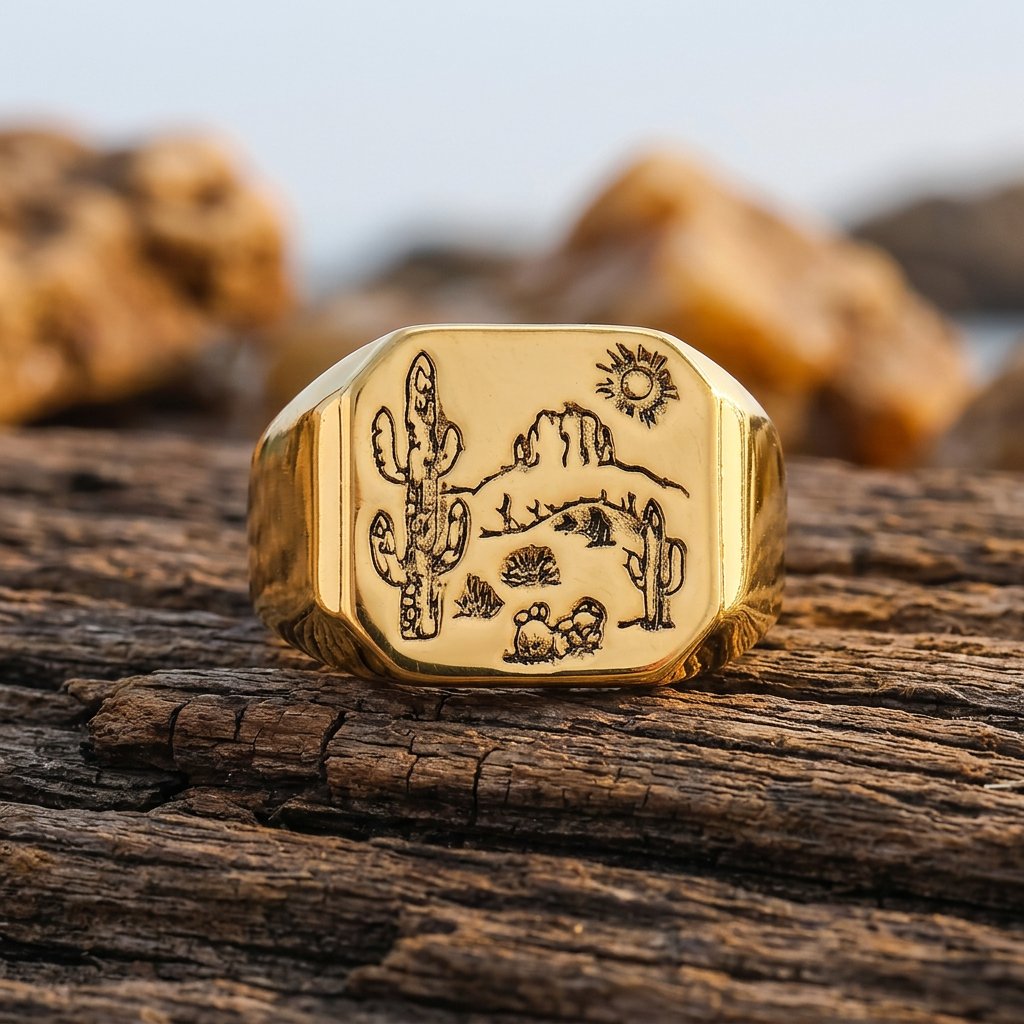 Western Gold Desert Cactus Signet Ring