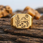 Western Gold Desert Cactus Signet Ring