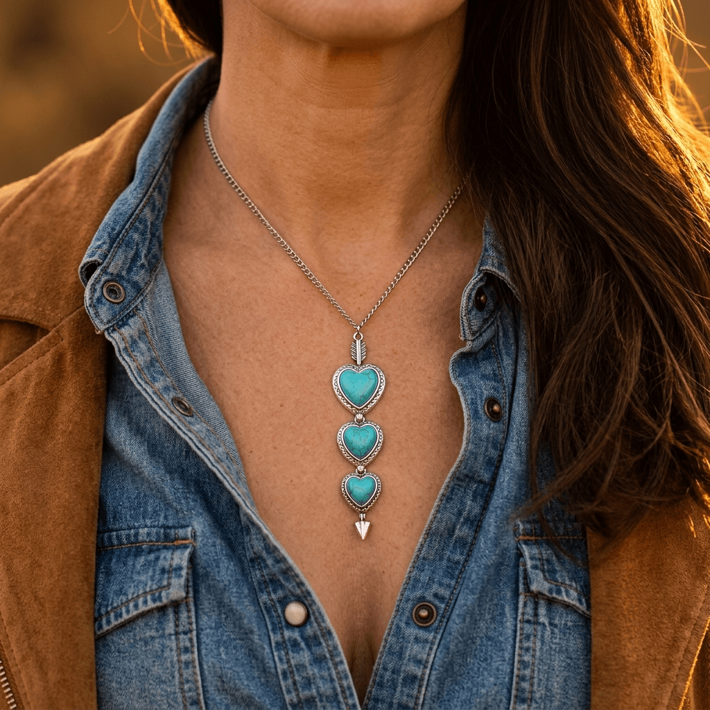 Western Turquoise Heart Arrow Pendant Necklace