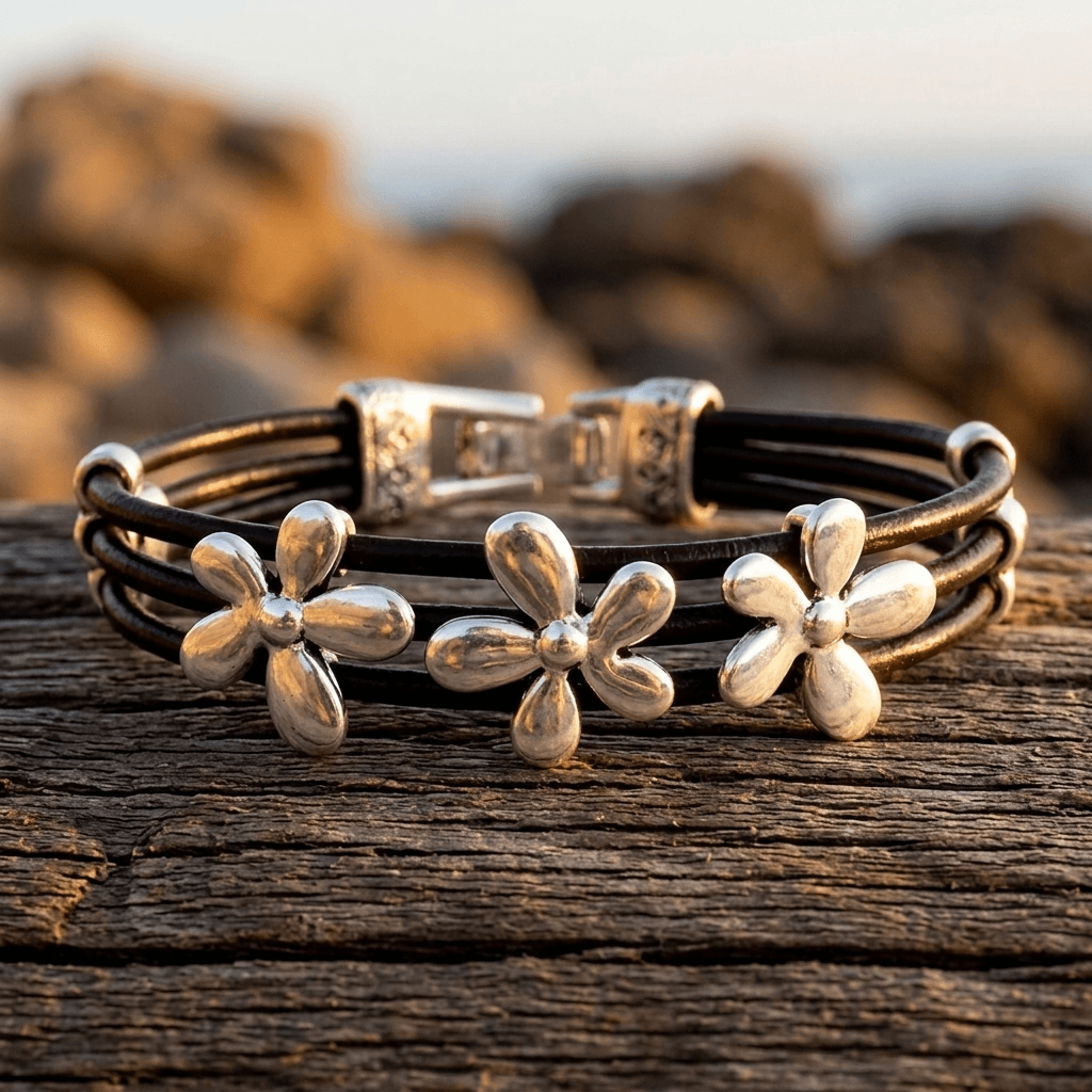 Bohemian Silver Flower Leather Bracelet
