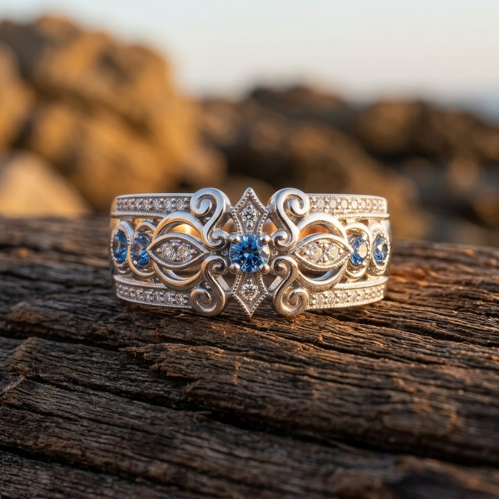 Vintage Gold Filigree Blue Sapphire Ring