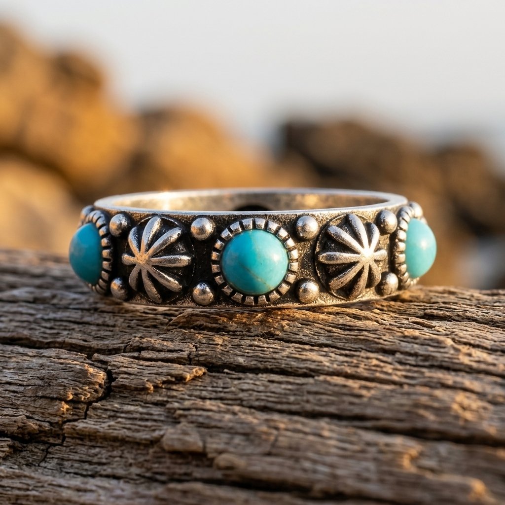 Vintage Silver Turquoise Sunburst Ring