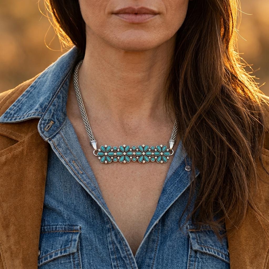 Boho Silver Turquoise Flower Inlay Necklace