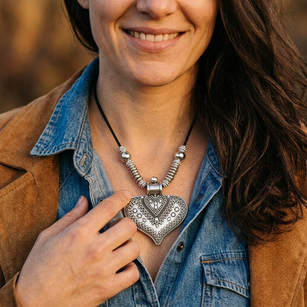 Bohemian Silver Embossed Heart Pendant Necklace