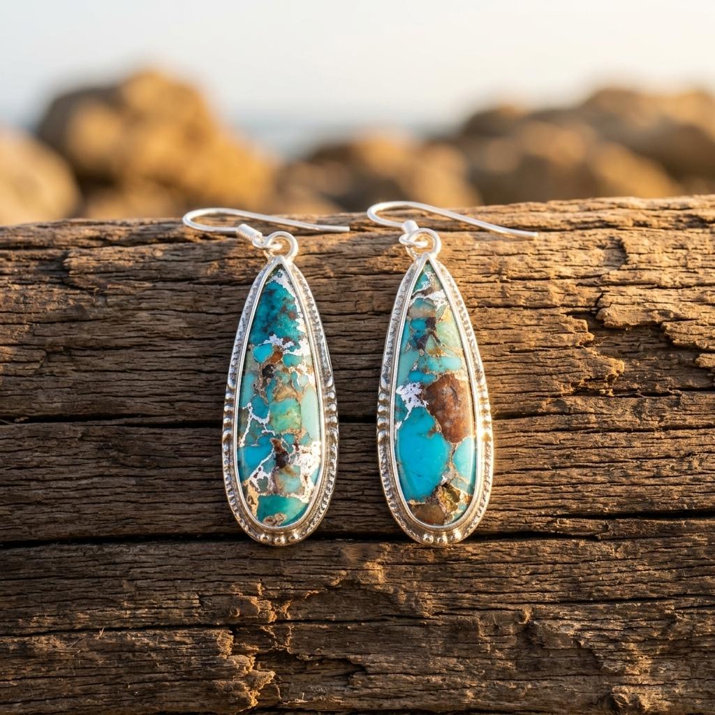 Boho Silver Turquoise Inlay Teardrop Earrings