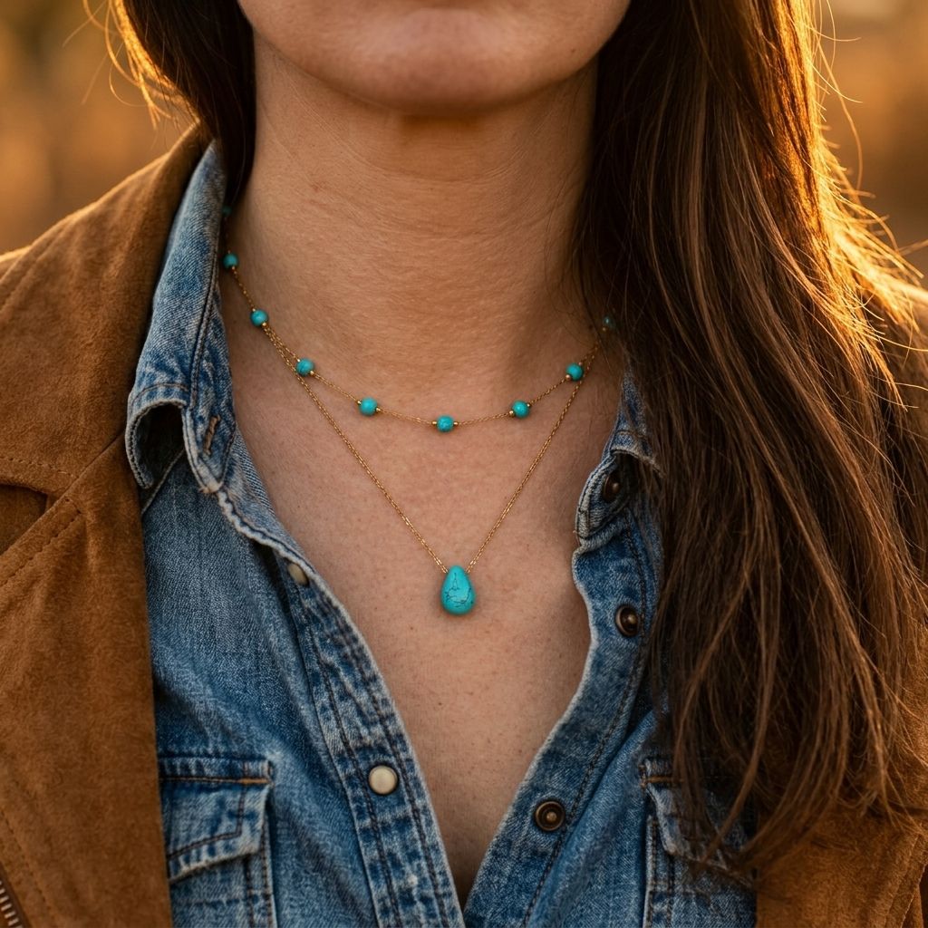 Gold Turquoise Teardrop Layered Beaded Necklace