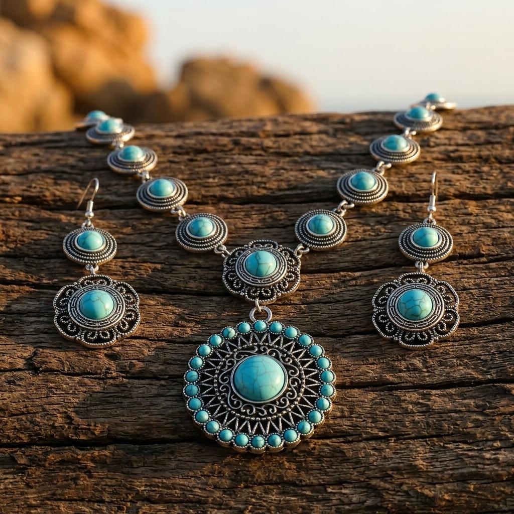 Boho Silver Turquoise Vintage Necklace Earrings Set