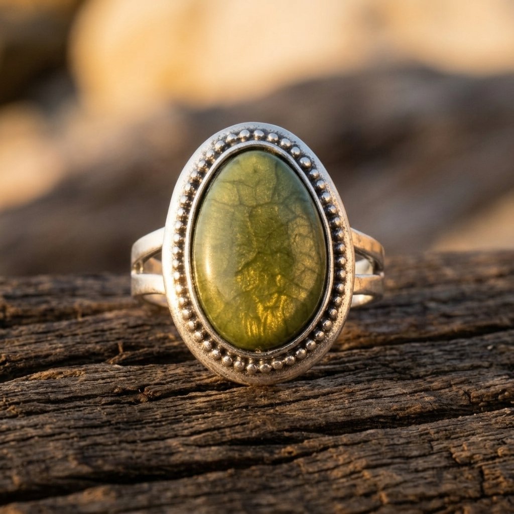 Vintage Silver Green Resin Oval Ring
