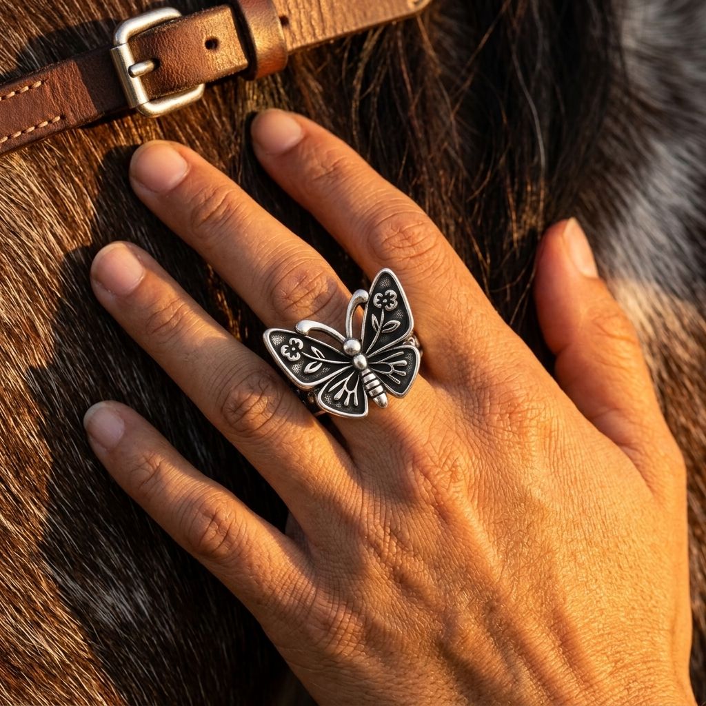 Vintage Silver Butterfly Floral Filigree Ring