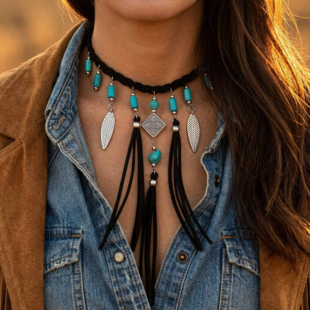 Boho Turquoise Beads Silver Leaf Tassel Necklace