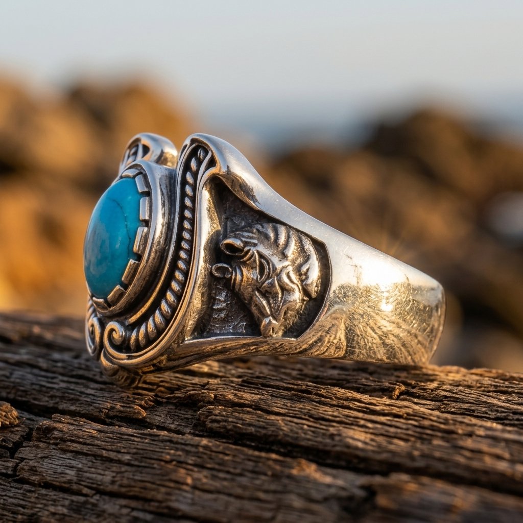 Vintage Silver Turquoise Filigree Lion Ring
