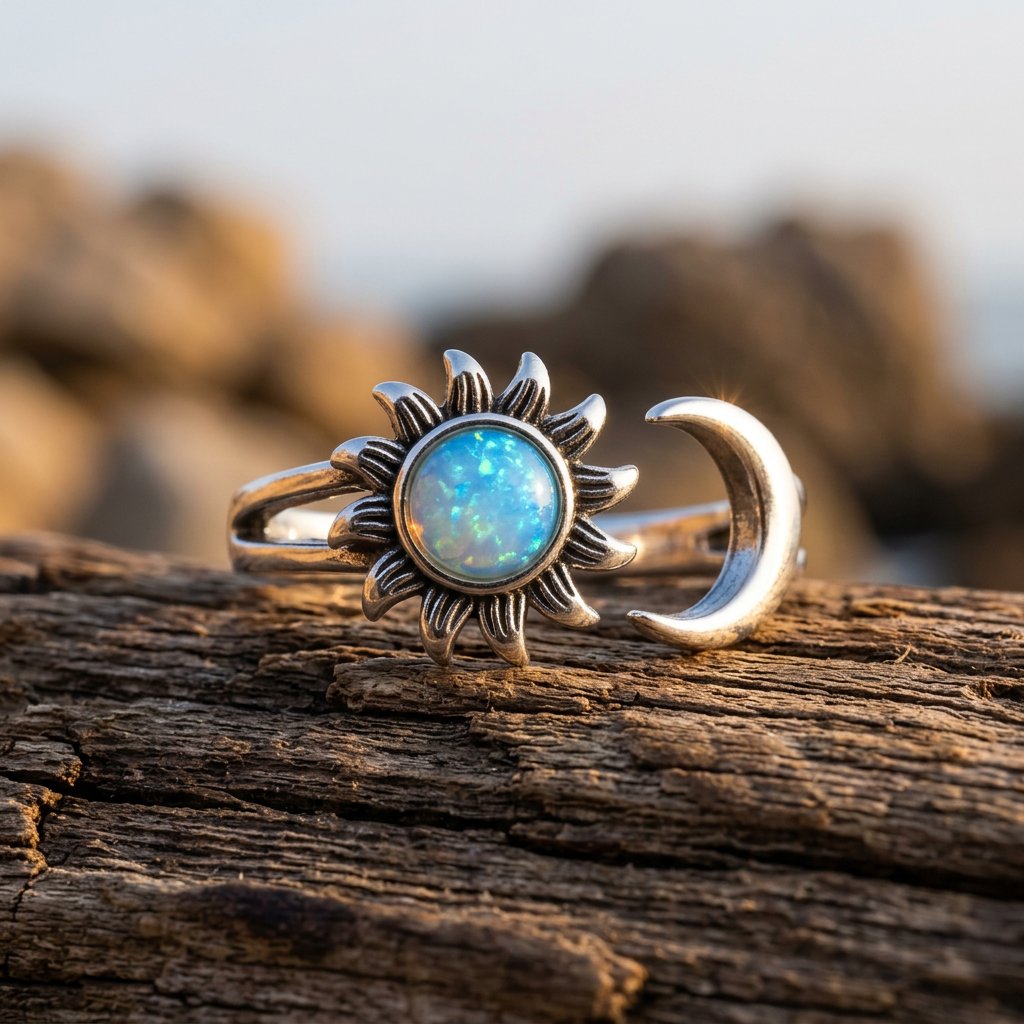Celestial Silver Blue Opal Sun Moon Ring