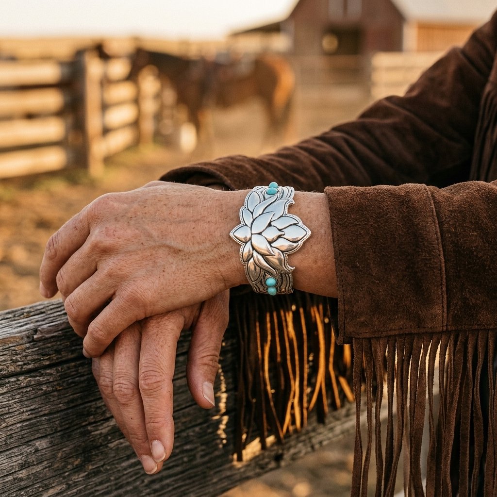 Boho Silver Lotus Turquoise Cuff Bracelet