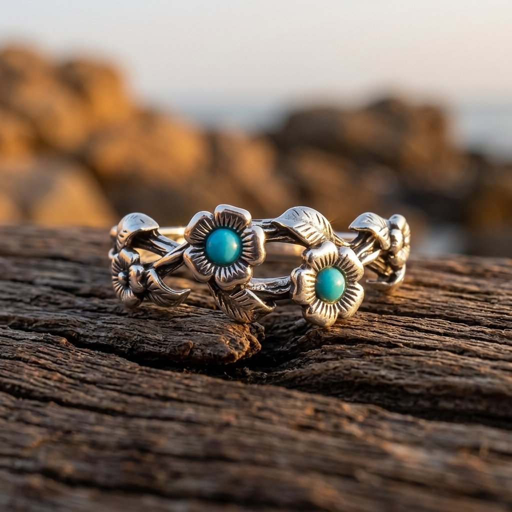 Vintage Silver Turquoise Flower Ring